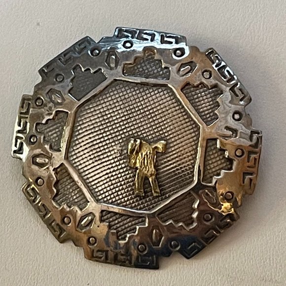 Vintage Octagon Gold and Silver Inca Brooch